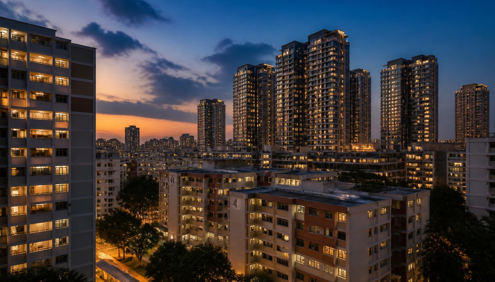 Singapore housing blocks at dusk