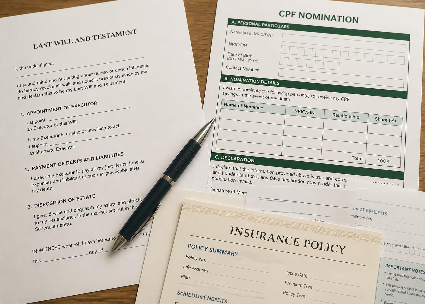 A will, a CPF nomination form and insurance policy papers on a table